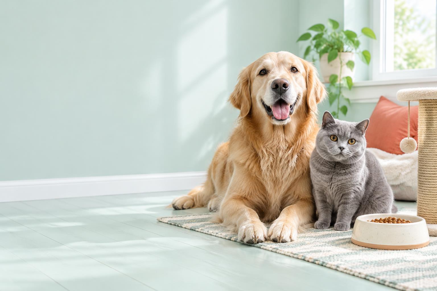 Hond en kat met voerbak in een lichte kamer
